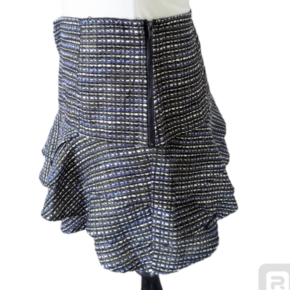 BCBG Generation Mini Skirt 8 Tweed New Sparkle Metallic Gold Blue White Ruffle - Picture 3 of 5
